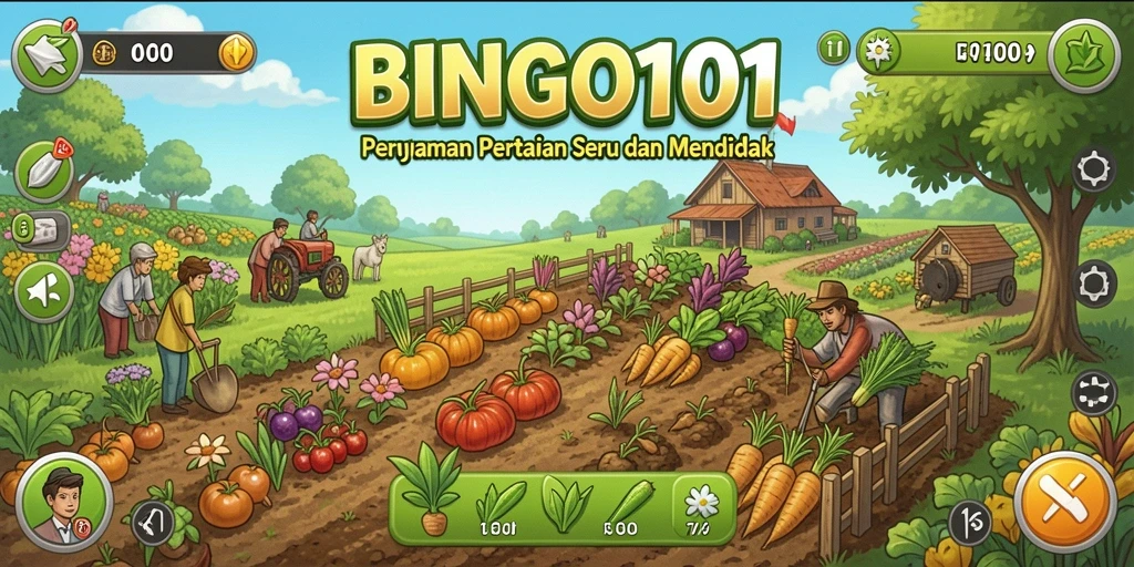 Screenshot gameplay BINGO101 menampilkan lahan pertanian yang hijau dan subur.