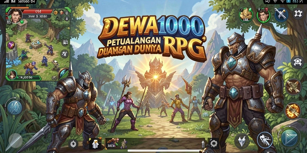 Tangkapan layar gameplay DEWA1000 dengan karakter bertarung di dunia RPG.