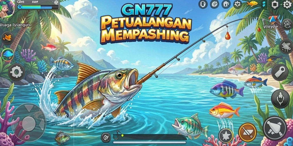 Screenshot gameplay GN777 menampilkan aksi memancing di lingkungan yang indah.