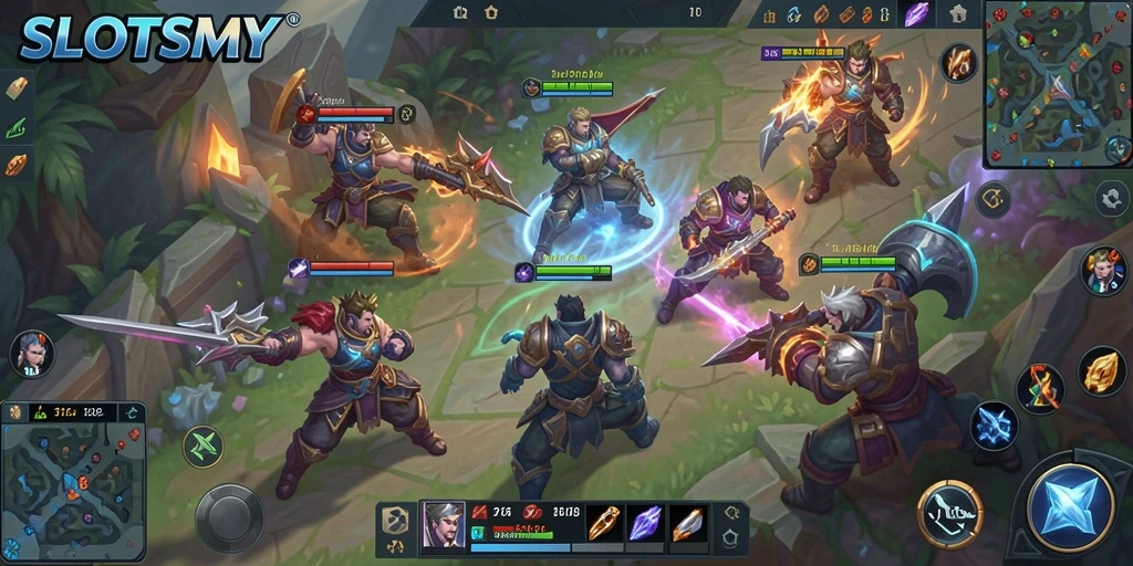 Tangkapan layar gameplay SLOTSMY dengan aksi pertarungan yang seru.